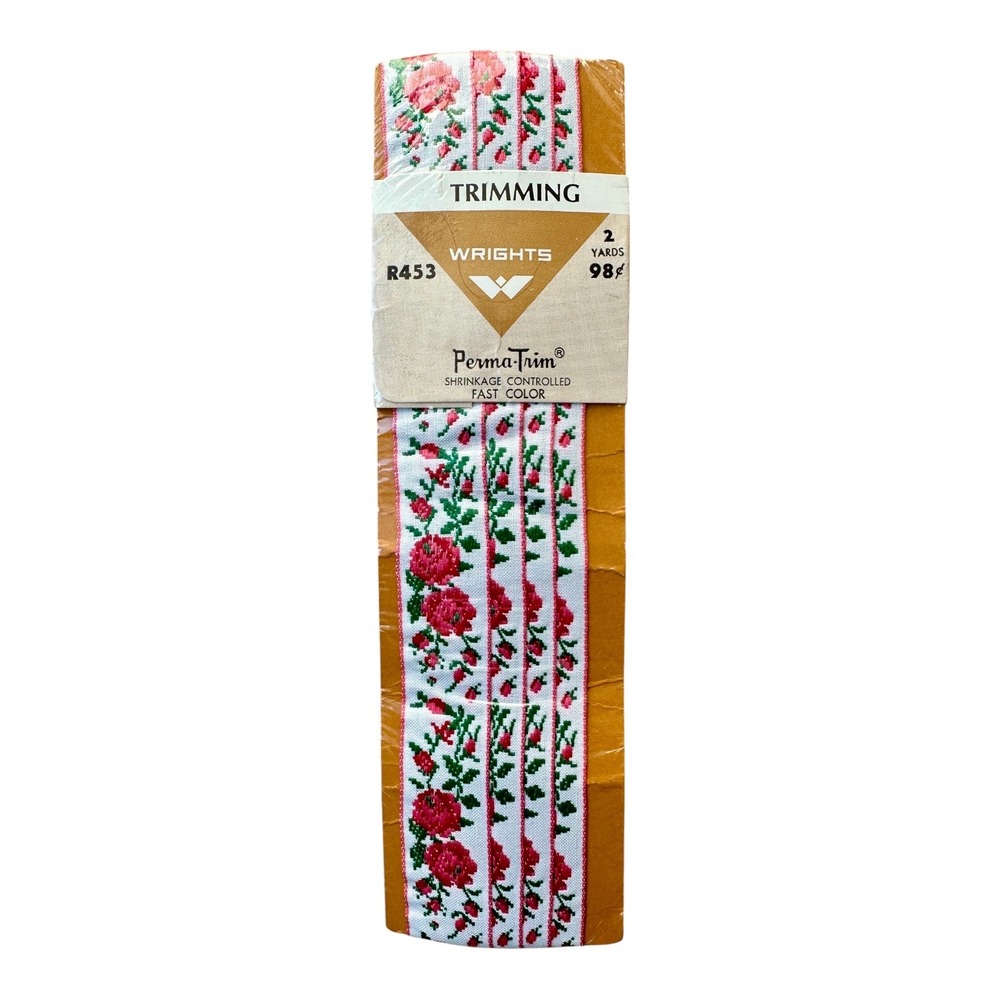 Vintage 1960s Wrights Perma-Trim Embroidered Floral Boho Fabric Trim 2 Yards